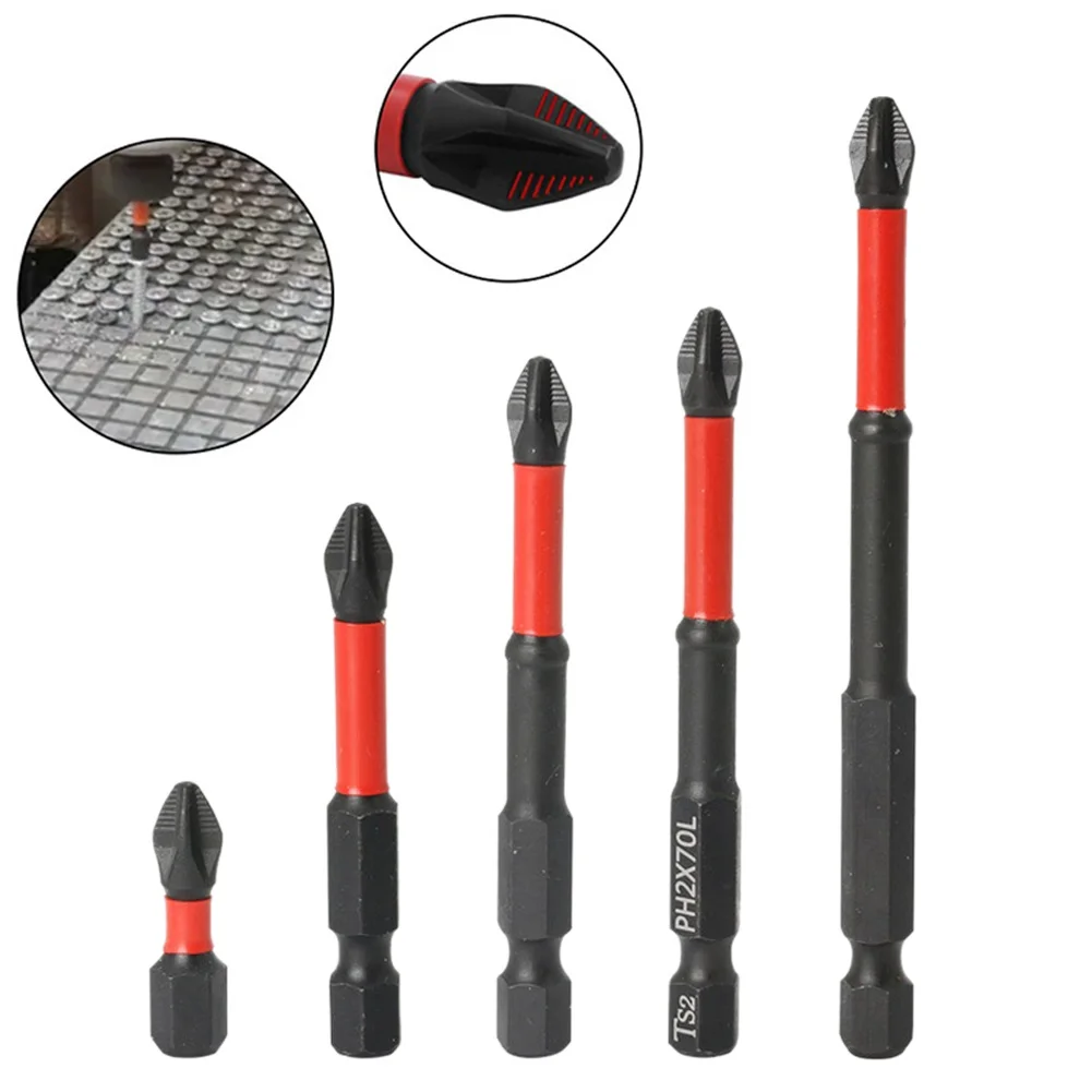 

5pcs Magnetic Batch Head Cross Drill Screw Bits Electric Screwdriver Bit Set 25-90mm PH2 Impact Non-Slip Hex Shank Screwdriver