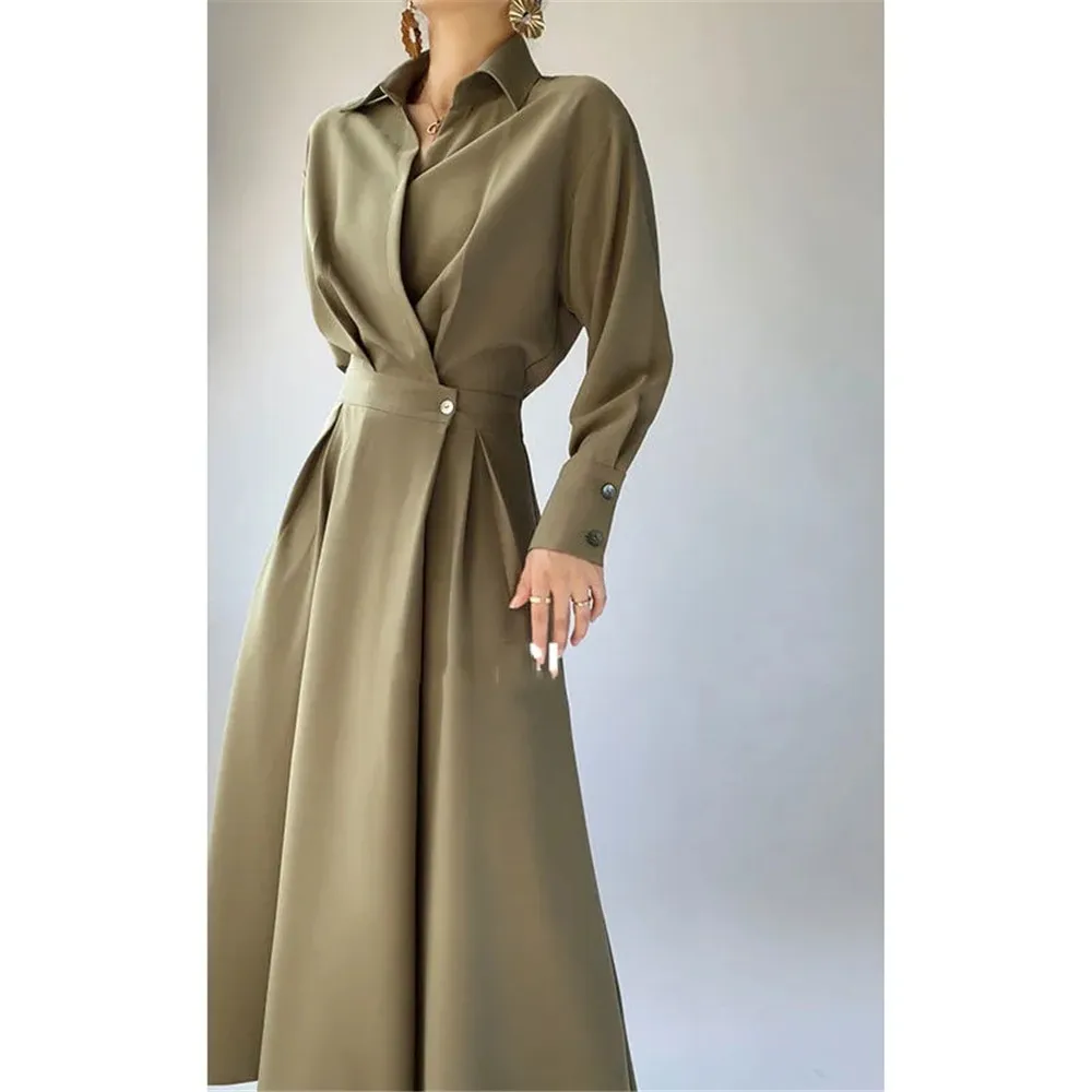 

Women'S Spring Elegant Casual A-Line Midi Shirt Dress Long Sleeve Slim Waist Black Vestidos Female Fashion Outerwear Cloths 2022
