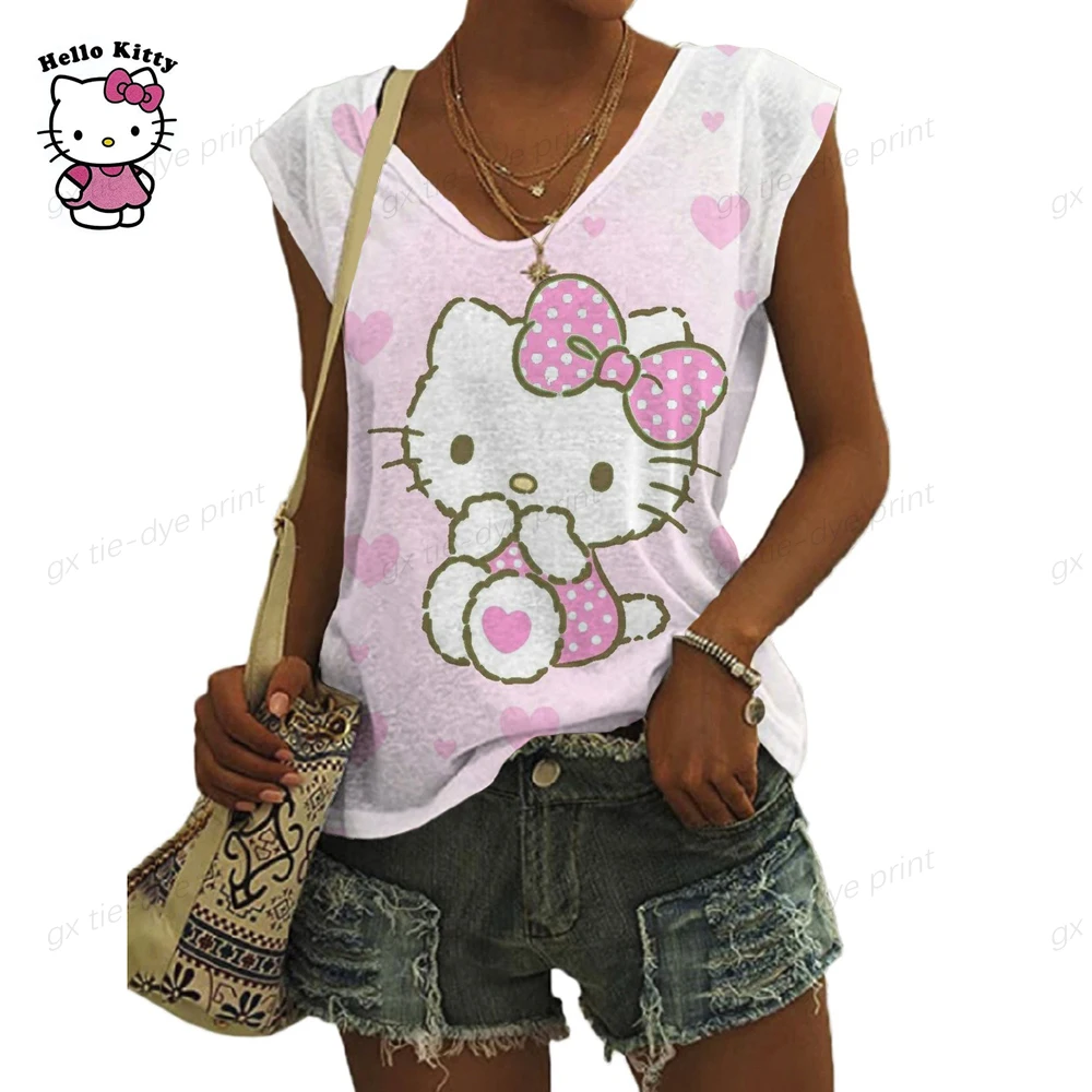 

Женская футболка с коротким рукавом, V-образным вырезом и принтом Hello Kitty