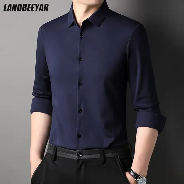 Top Grade Mulberry Silk 5.2% New Slim Fit Fashion Designer Brand Luxury Men Shirts 2023 Long Sleeve Plain Casual Mens Clothes 1