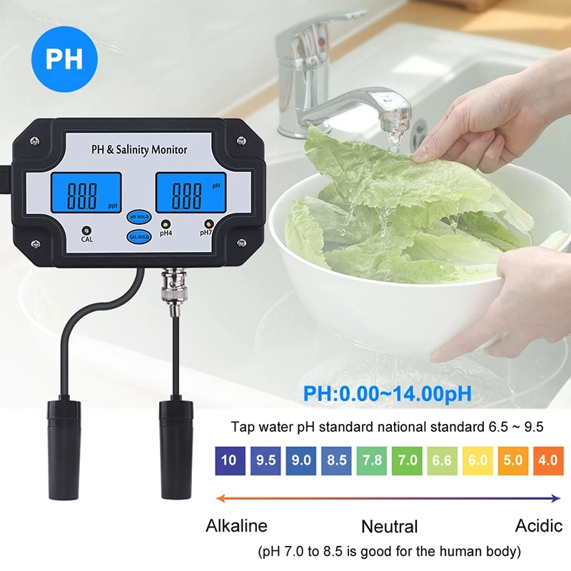PH-метр цифровой 2 в 1 измеритель солености для аквариумов бассейнов спа морской