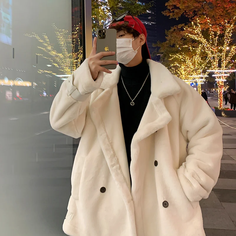 Winter Jacket Men Warm Fashion Double Breasted Thicken Plush Jacket Men Streetwear Korean Loose Thick Short Coat Mens Clothes