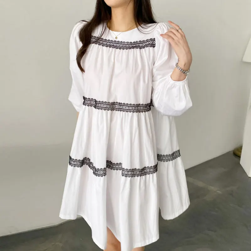 

VANOVICH осеннее платье во французском стиле с круглым вырезом контрастных цветов лоскутное кружевное Свободное платье с рукавами-фонариками ...