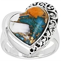 vintage heart ladies ring classic silver color metal engraved pattern set blue orange stone ring party party jewelry