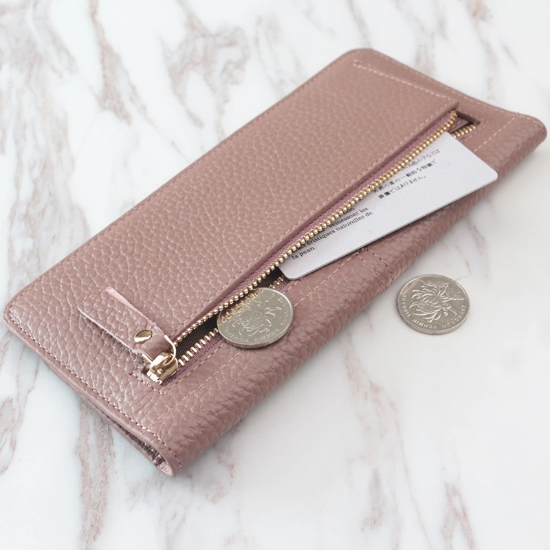 Genuine Leather Women Wallets Luxury Long Hasp Lychee Pattern Coin Purses Female Brand Solid Colors New Thin Clutch Phone Bag