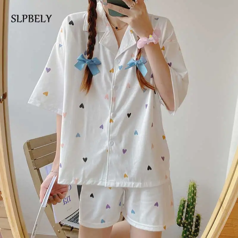 

SLPBELY Summer Women Pajamas Set Homesuit Heart Printed Short Sleeve Nightwear Pijama Sleepwear Loungewear Nightsuit With Shorts