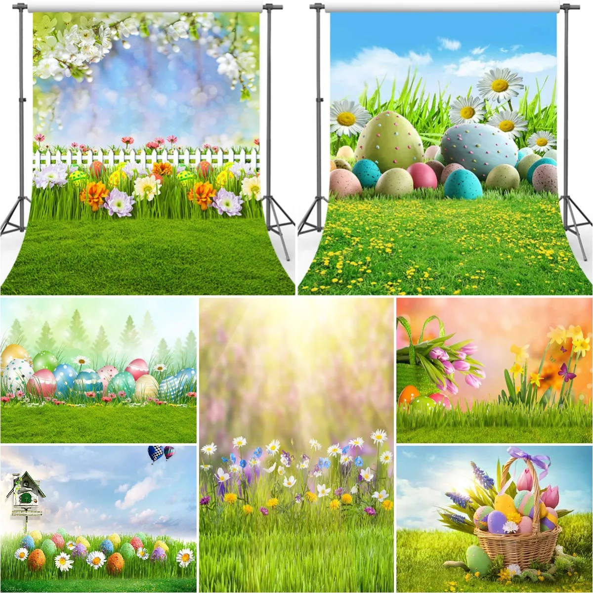 

Mehofond Spring Easter Backdrop Eggs Green Grass Flower Baby Shower Pet Cake Background for Photography Photo Studio Photocall