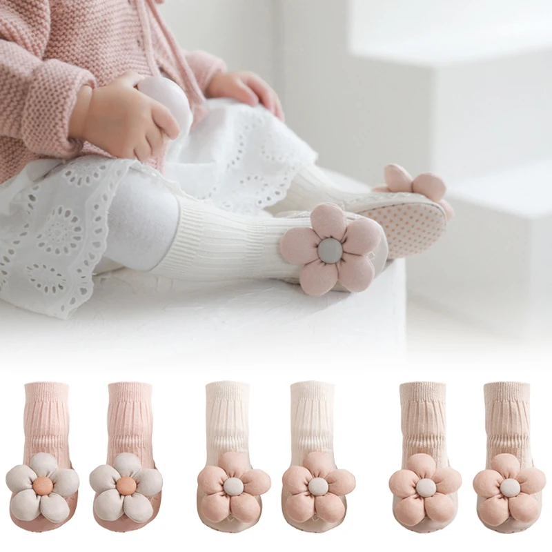 

Осенне-зимние носки для новорожденных, детские напольные носки, нескользящие носки с кожаной подошвой для малышей, носки с милыми цветами для принцесс, обувь
