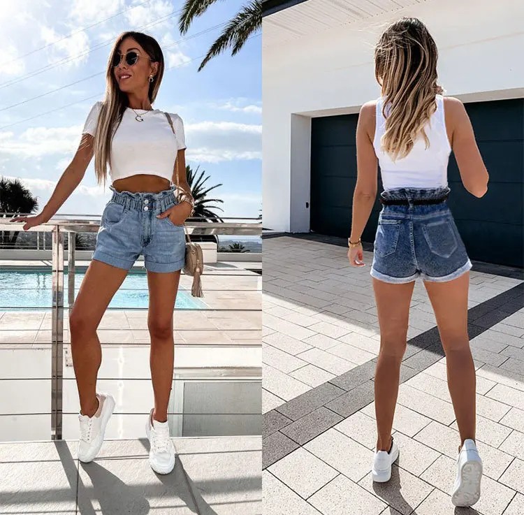New rolled-up elasticated waistband hip jeans women's shorts high waisted shorts denim shorts