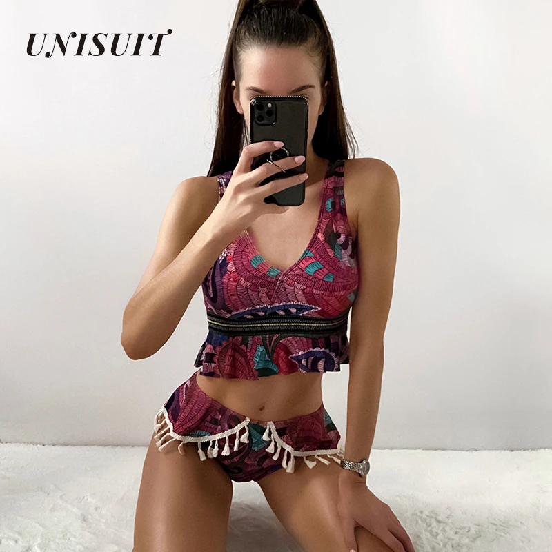 UNISUIT Graphic Print Tassel Ruffle Bikini Swimsuit Polyester High Waist Skinny Push-Up Cup Split Suit Summer Women |