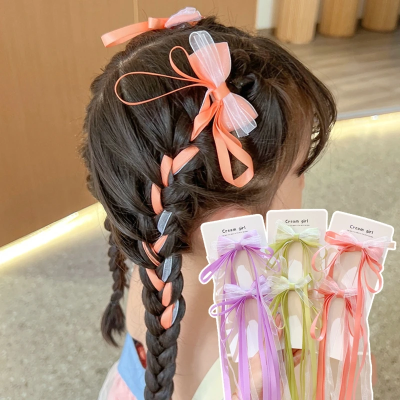 

2Pcs Fashion Bow Hair Clip Trend Long Ribbon Hairpins Barrette Headband For Women Girls Korea Hair Accessories Lolita Hair Clip