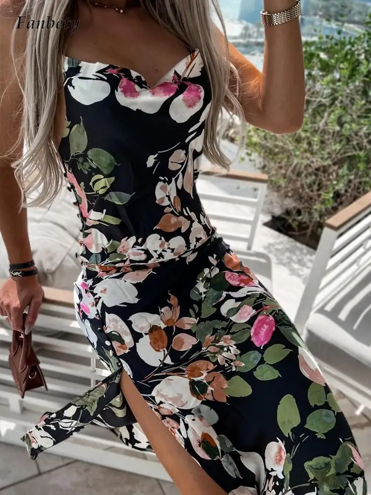 

New Ladies Button Side Slit Cheongsam Dress Summer Sleeveless Backless Slim Dress Women Vintage Sling Floral Print Midi Dresses
