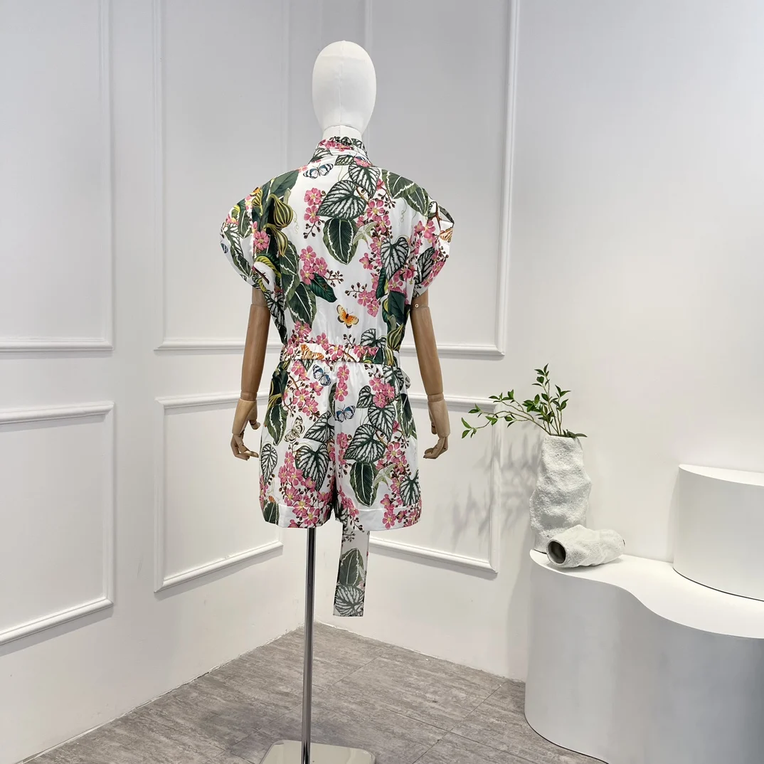 New Arrival Pure Cotton 2023 Top Quality Spring Summer Floral Printing Vintage Playsuit with Fabric Belt for Women
