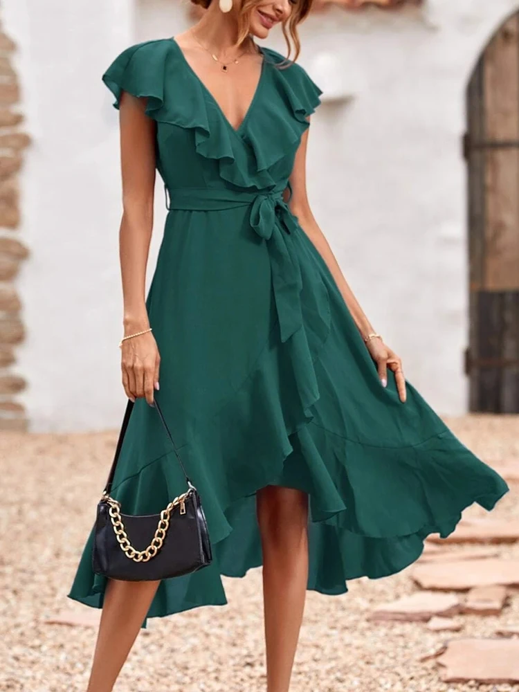 

New V-Neck Temperament Lace-Up Dress Summer Short Sleeve Ruffled Midi Dress Elegant Party Women Solid Color Slim Dress Vestidos