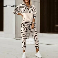 2022 spring autumn women fashion print splicing tracksuits two piece sets female casual long sleeve v neck top jogging pant suit