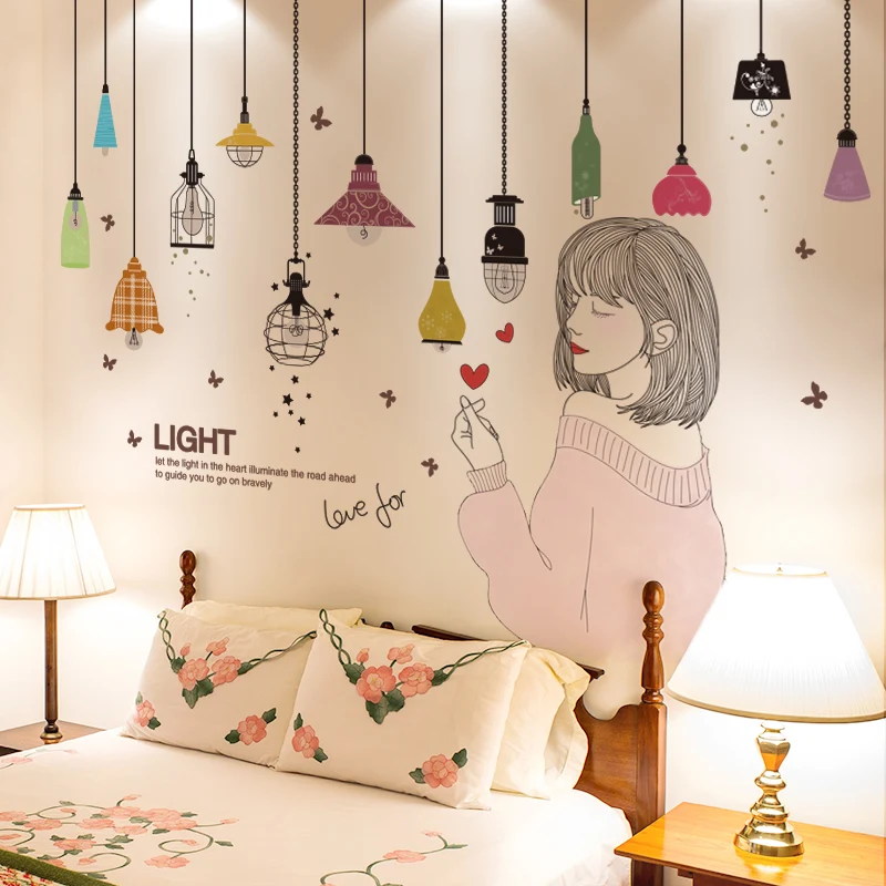 

[shijuekongjian] Cartoon Girl Wall Stickers DIY Chandelier Lights Mural Decals for Kids Bedroom Living Room House Decoration