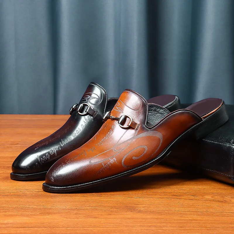 

Italian Half Shoes for Men Genuine Leather Flat Mules Black Casual Men's Formal Shoes Summer Fashion Mocassin Homme Chaussure