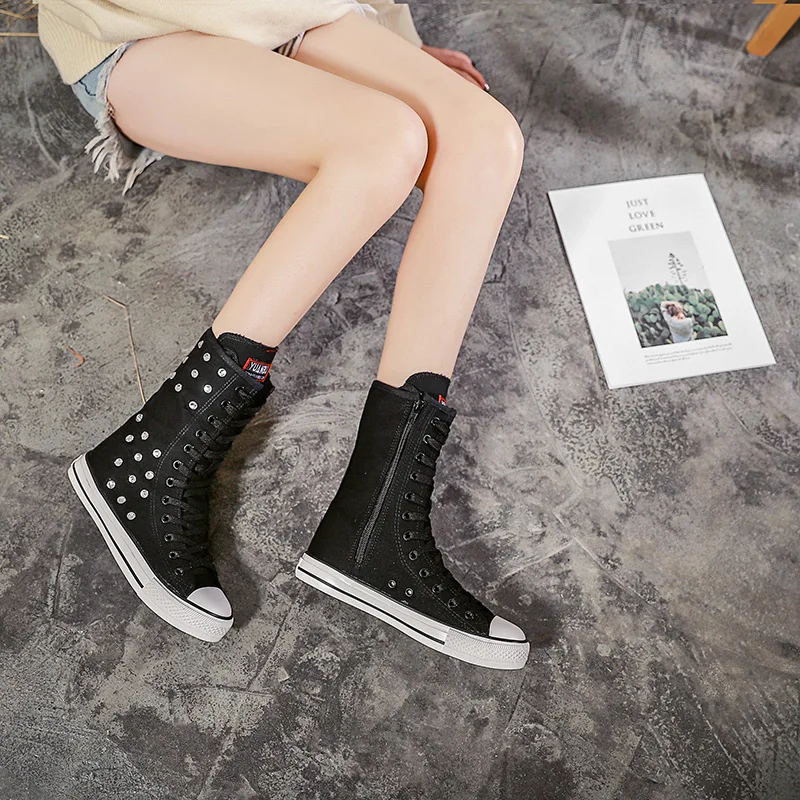 

Hand nailed drill custom mid-tube canvas shoes personality niche design wild large size women's shoes 35-43