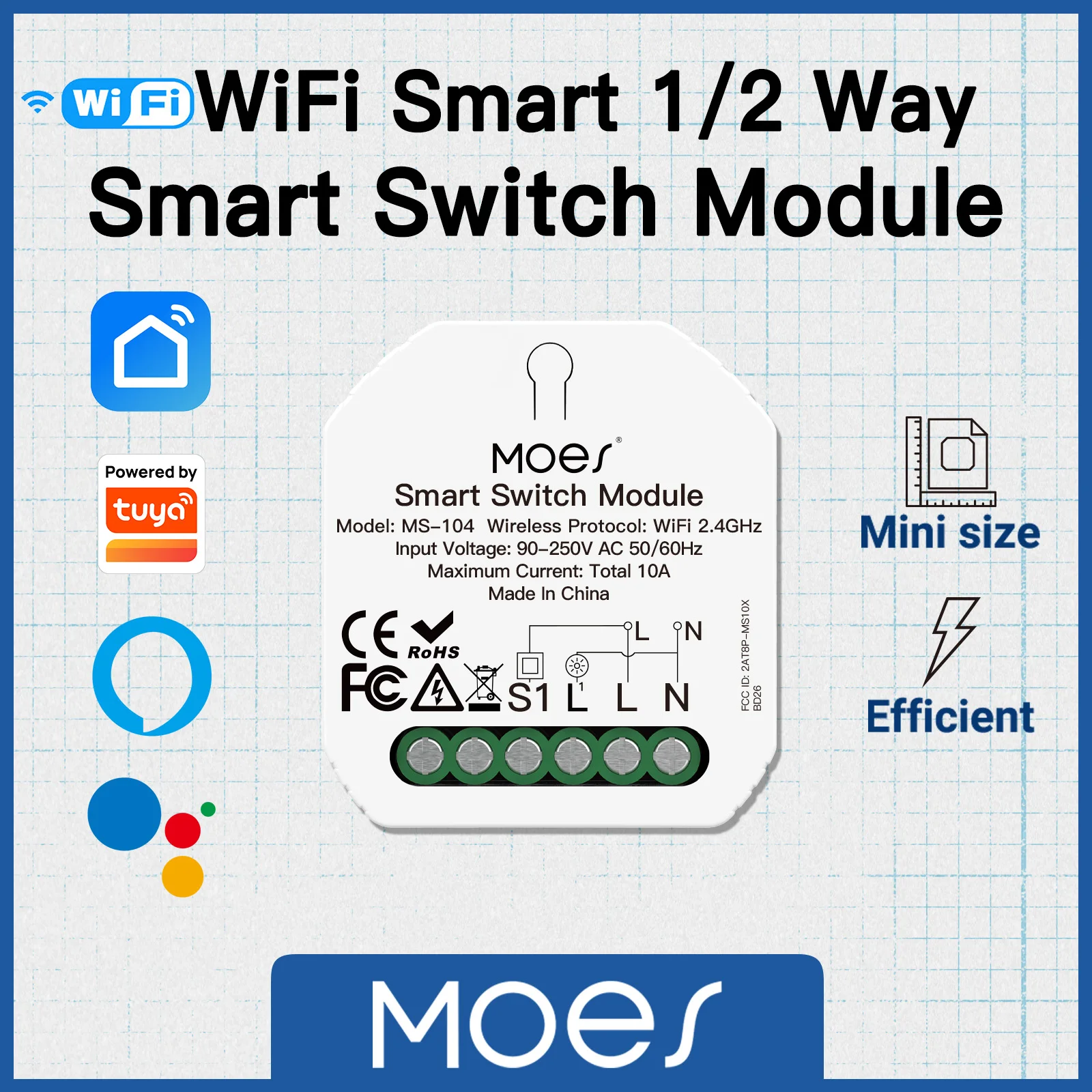 

MOES WiFi Light Switch Module Smart Life/Tuya App Remote Control,for Reset and Rocker 1 Gang 1/2 Way Multi-control