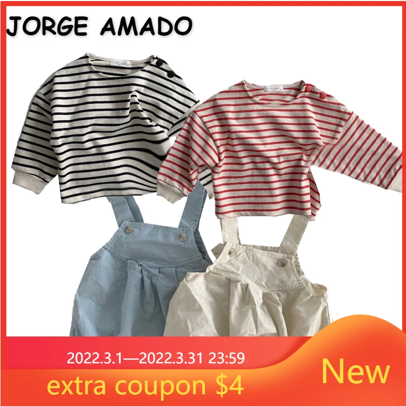 

2022 New Spring Baby Girls Boy Sets Long Sleeves Round Collar Black Red Striped T-Shirts+Sling Bodysuit Newborn Clothes E1832