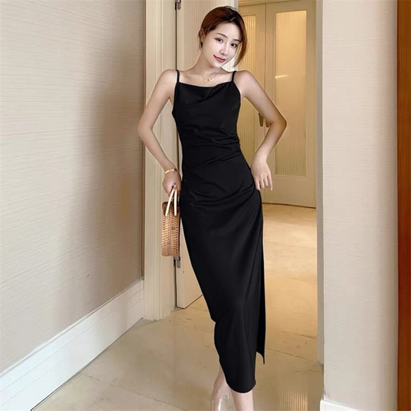 

New Solid Suspender Dress Women Sexy Gentle Retro Long Dresses With Side Slit Holiday Beach Party Vestidos 2022 Summer Clothes
