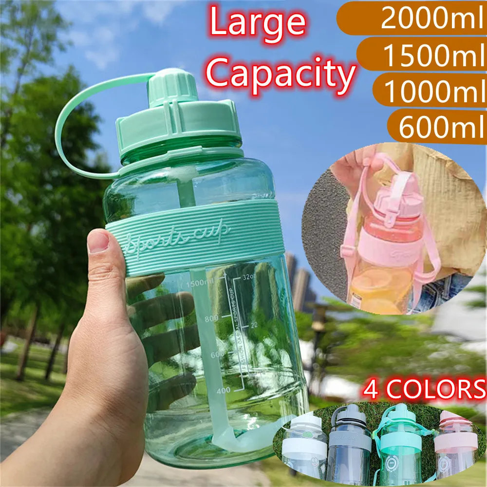

2L Transparent Sports Water Bottle With Straw Large Capacity Water Cup Portable Straps Students Outdoor Climbing Drink Bottle