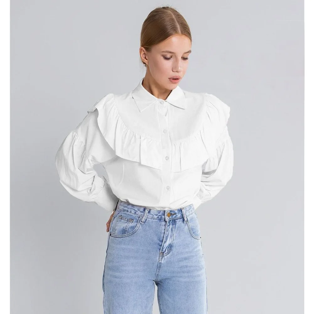 Falbala Shirt Spring 2023 New French Elegant Temperament Commuter All-match Solid Color Shirt Womens Tops