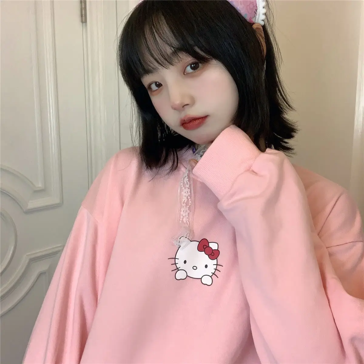

Тонкий японский мультяшный милый свитер Hello Kitty с круглым вырезом и длинным рукавом Свободная футболка для девушек студенток
