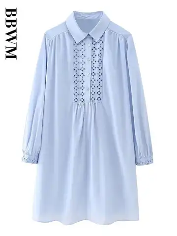 Spring 2023 Women Turn-down Collar Mini Dress Solid Hollow Out Embroidery Dress Chic Female Long Sleeve Loose A-Line Dresses
