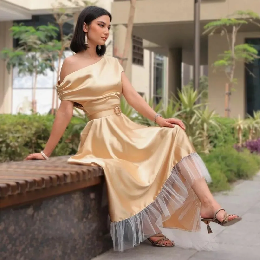 

Elegant Short Slanted Shoulder Evening Dresses With Sleeve A-Line Tea Length Zipper Back Robe De Mariée Party Gown For Women