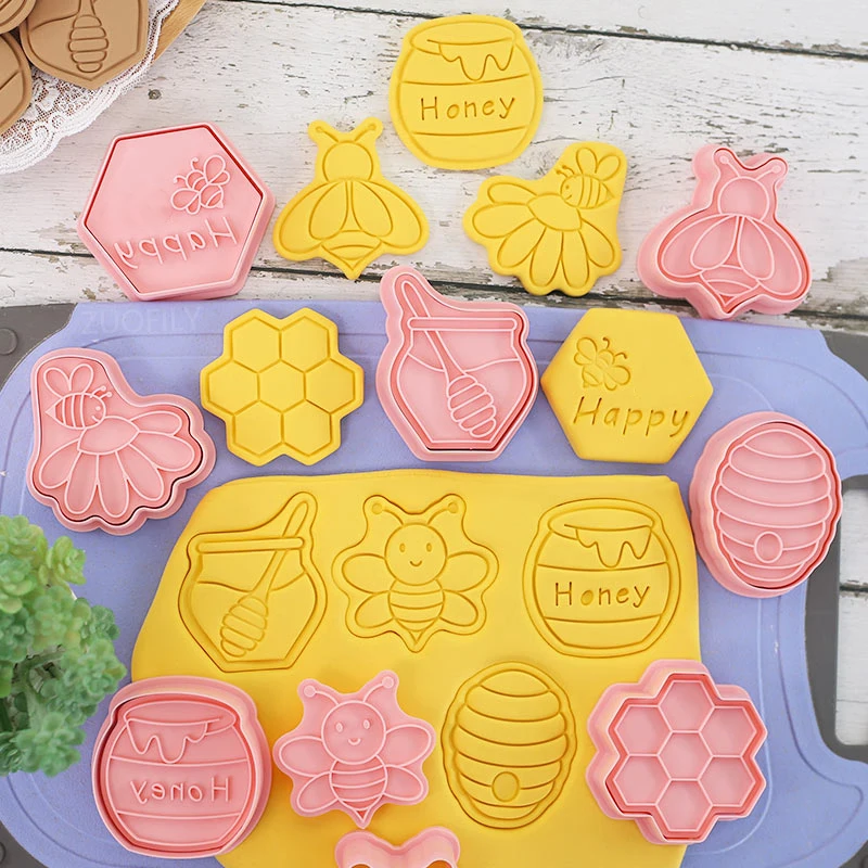 8Pcs Bee Jar Sauce Cookie Cutters Stamp Mold Sweet Honey Chocolate Sauce Snowflake Crisp Fondant Embosser Molds Cake Decor Tools