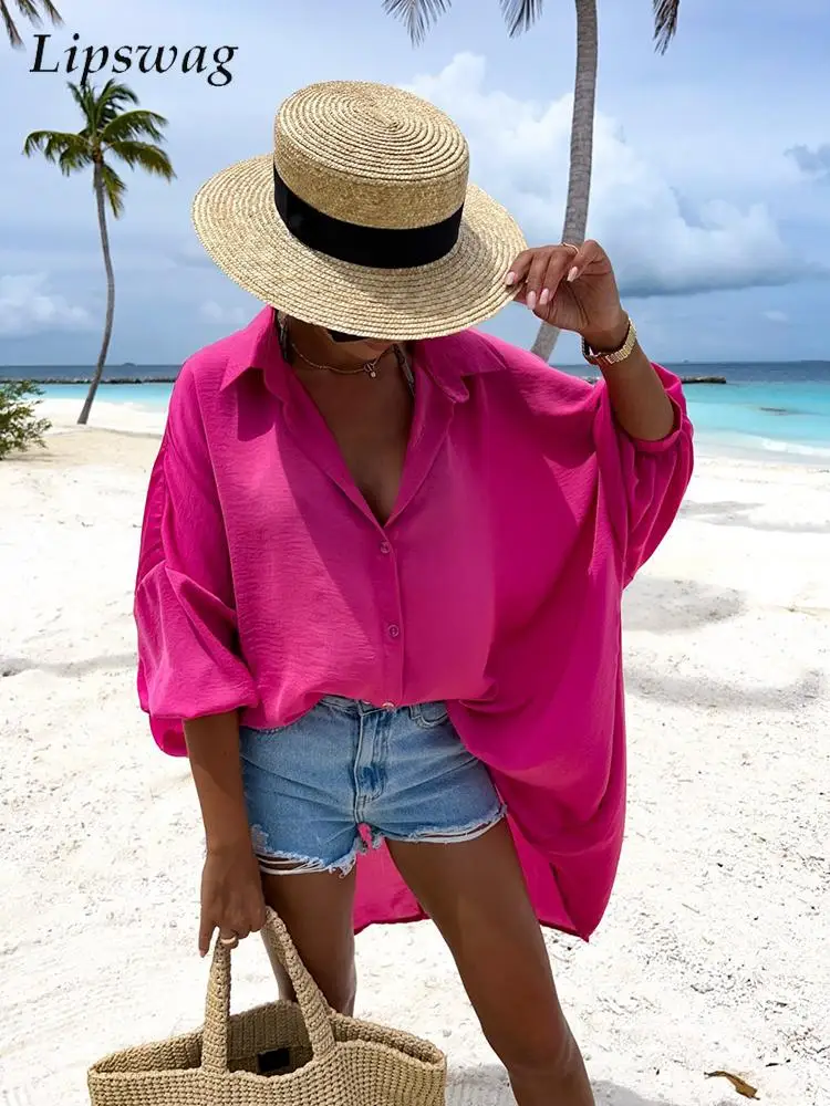 

2022 Spring Fashion Lapels Single-breasted Long Blouse Women Solid Long Sleeve Loose Shirt Summer Casual Seaside Sunscreen Shirt