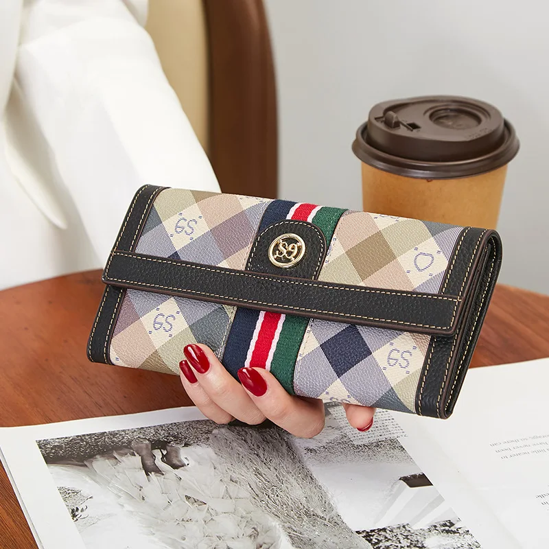 2023 Genuine Leather Women Wallets Brand Design Stripe Ribbon Clutch Bag First Layer Cowhide Long Purse Plaid Female Wallet