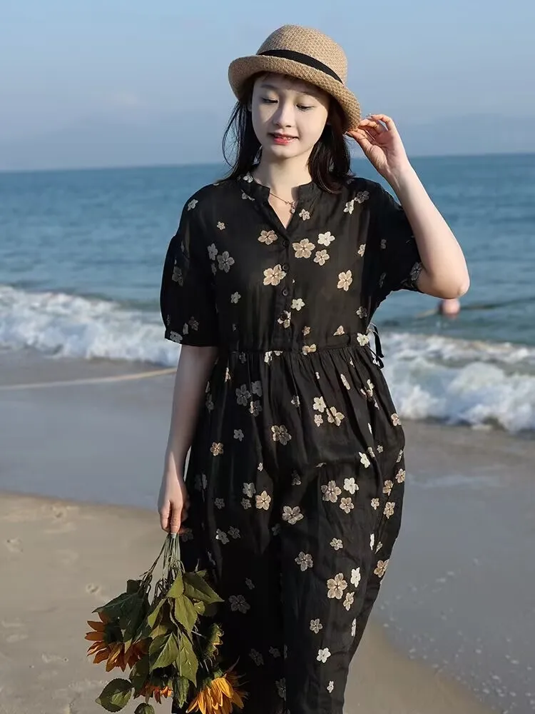 Платье женское хлопково-льняное с цветочным принтом свободное ТРАПЕЦИЕВИДНОЕ