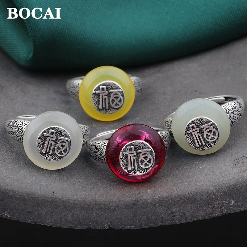 

BOCAI Real S925 Silver Jewelry Natural Hetian Jade Ping An Buckle Red Corundum Chalcedony Fu Character Woman Ring Adjusted