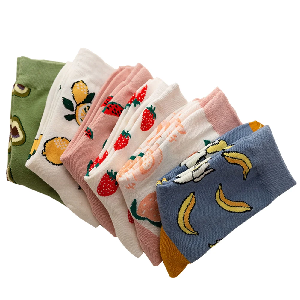 

6 Pairs Fruit Socks Strawberry Lovely Middle Tube Cotton Pattern Stockings Combed Mid-calf Length Women's