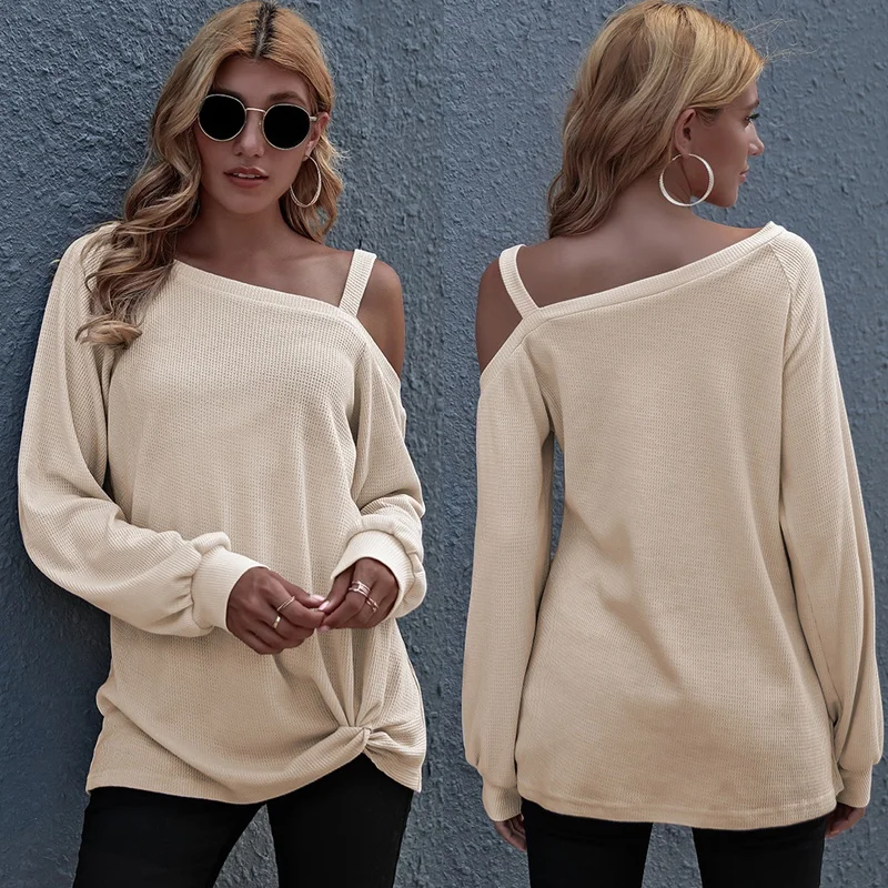 

Женский пуловер свободного покроя, с косым воротником и длинным рукавом, хаки