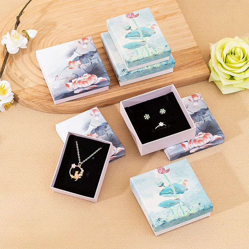 

12pcs Chinoiserie Lotus Gift Box Jewelry Necklace Earrings Display For Wedding Valentine's Day Favors Packaging Case