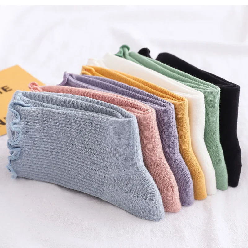 7 Pairs Spring Summer Fungus Lace Socks Women Socks Japanese Korean Cute Harajuku Pile Socks Solid Color Cotton Socks