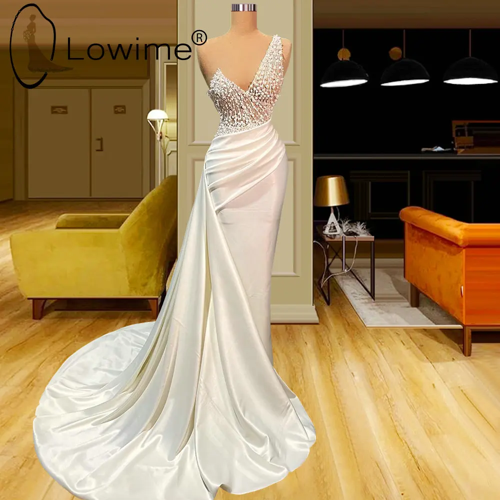 

Elegant Ivory Pearls Long Mermaid Evening Dresses for Women Party Beading Pleat Prom Gowns Over Skirt Second Reception Dress