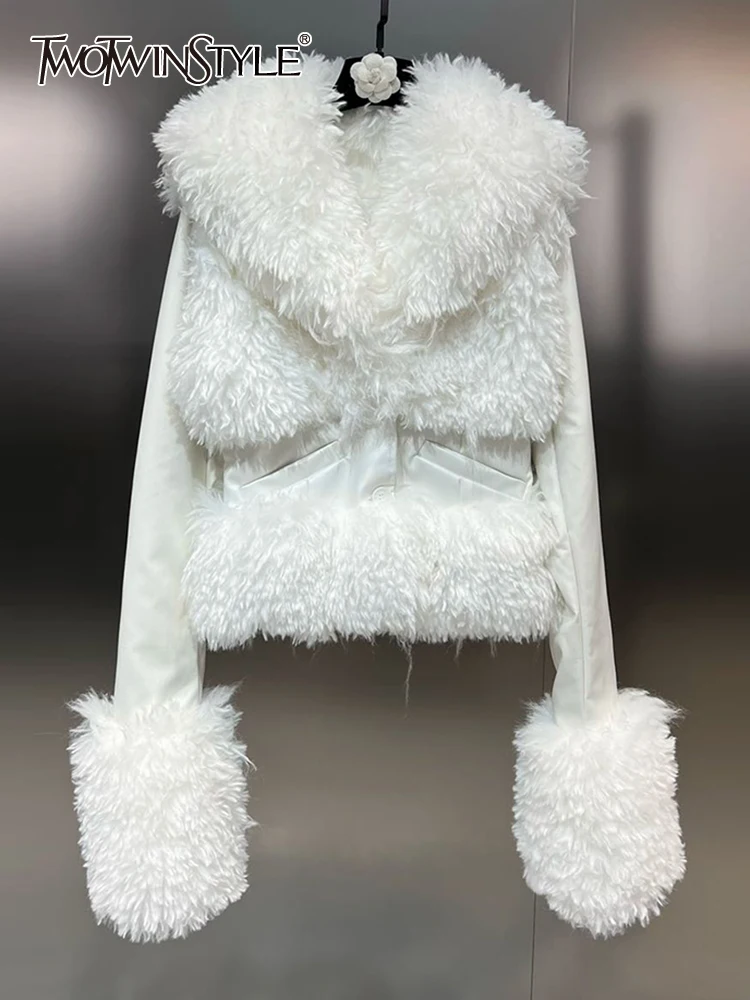 

TWOTWINSTYLE Solid Patchwork Lambswool Casual Coats For Women Lapel Long Sleeve Spliced Button Temperament Coat Female Fashion