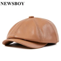 newsboy genuine leather hats for men high quality octagonal cap autumn winter real cowskin warm mens beret big size xl