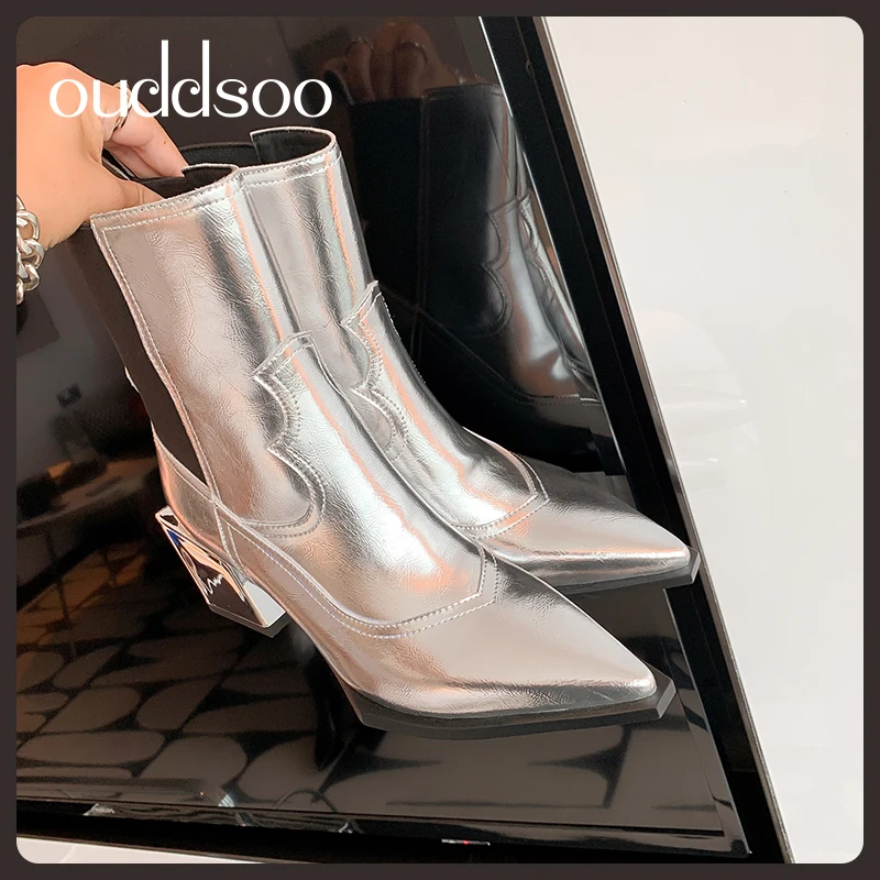 Ods Cowboys Wedge Chelsea Women's AutumnWinter Chunky Heels Ladies Boots Pure Color Silver Elegant Ankle Matin Party Cool Shoes