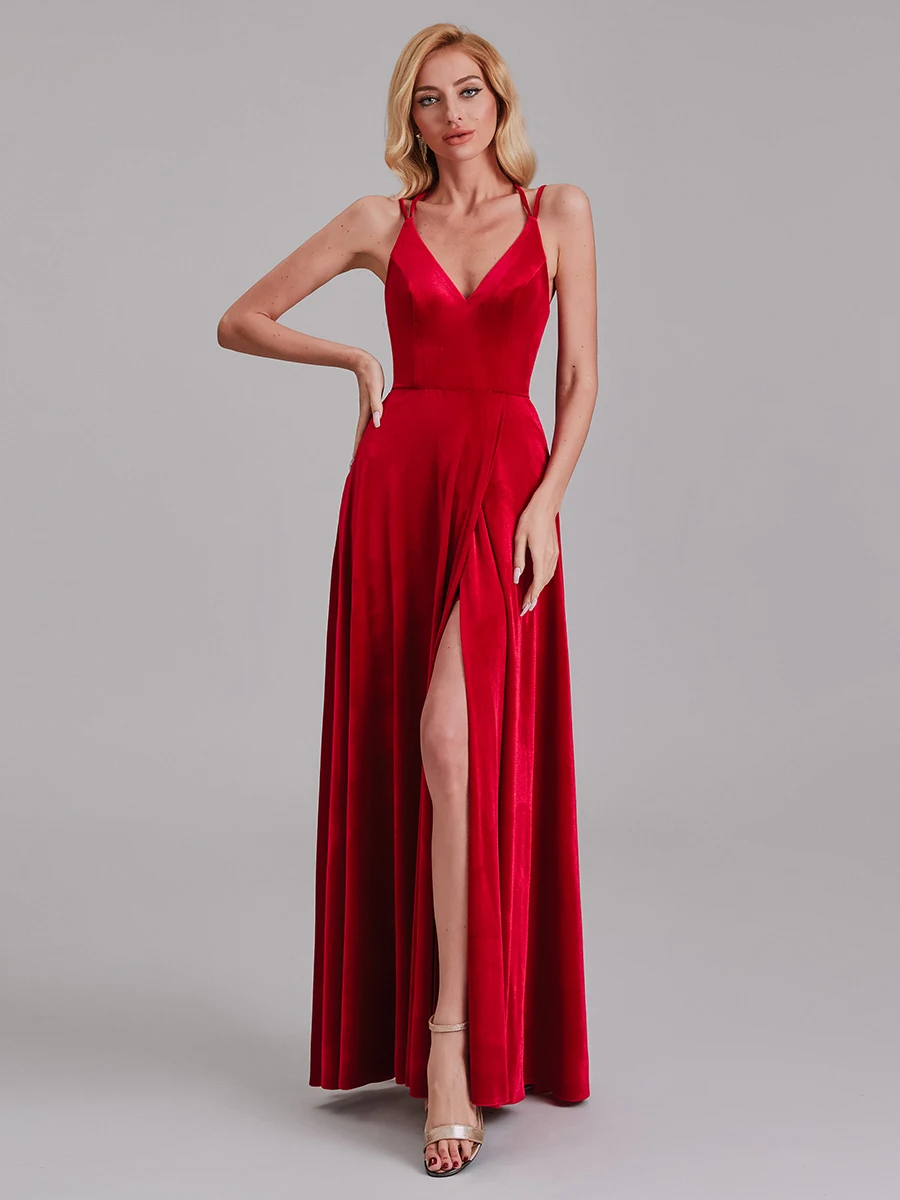 

Loyeloy Classic Red Prom Dresses Velvet Backless V-neck Floor length Party Prom Gowns With High Slit Custom