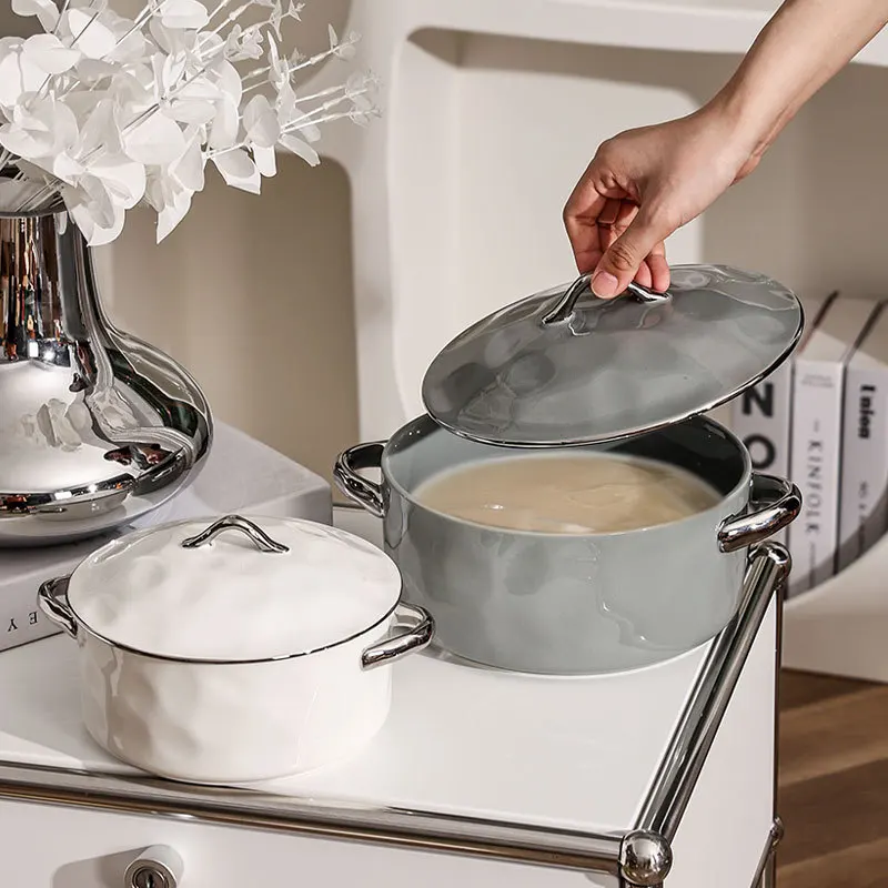 

Simple Tableware Ceramic Bowl Large Soup Bowl with Lid Microwave Oven Baking Bowl Dinnerware Soup Pots Noodle Bowl Cutlery Set