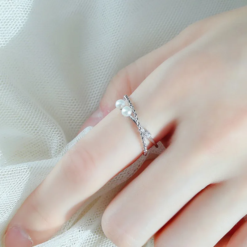 

PANJBJ 925 Sterling Silver Ins Female Fashion Personality Light Luxury Double Layer Flash Diamond Pearl Ring