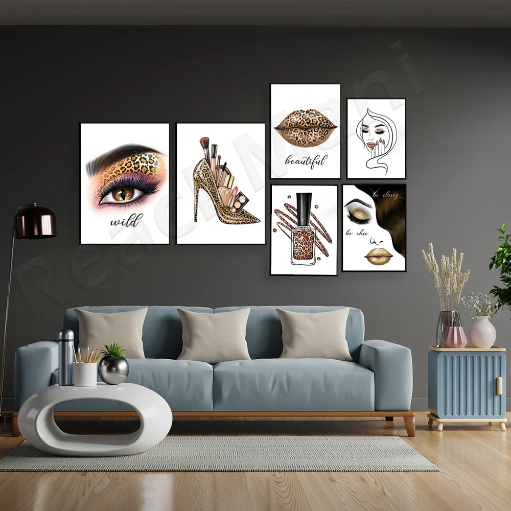 Fashion beauty poster cheetah lips high heels eye makeup shadow nails lipstick mascara wild fashion
