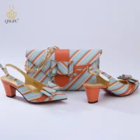 QSGFC New Coming Italian Design African Colorful Stripes Pattern Style Women Shoes and Bag Set in Orange Color for Party Wedding