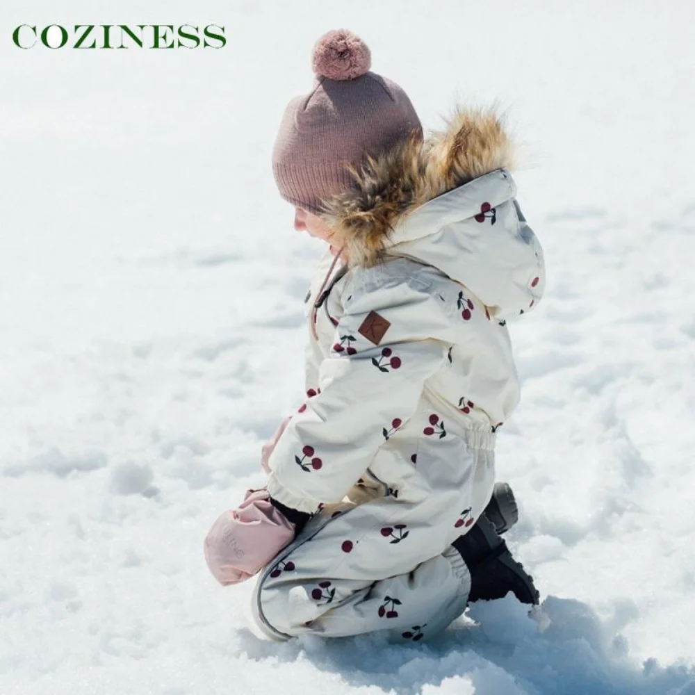 Children Coat Cotton Thicken Windproof Waterproof Snowproof Keep Warm Jacket Cute Full Cherry Print Coat Ski Suit Winter Hot