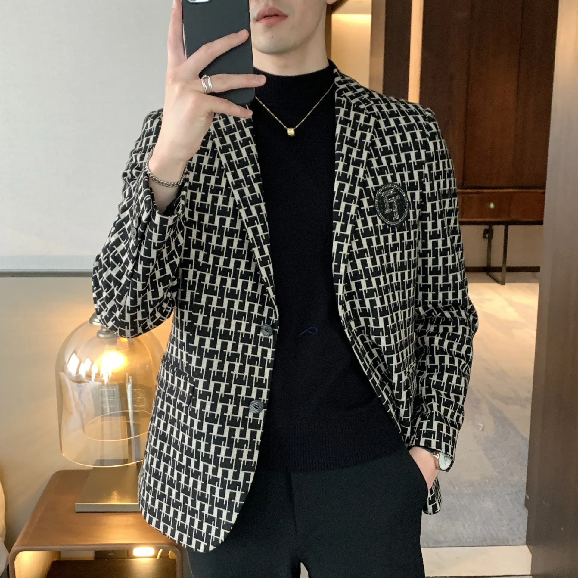 

2022 Autumn Men's Business Casual Suit Plaid Jacket Korean Version Slim Men's High-end Fashion Single Suit